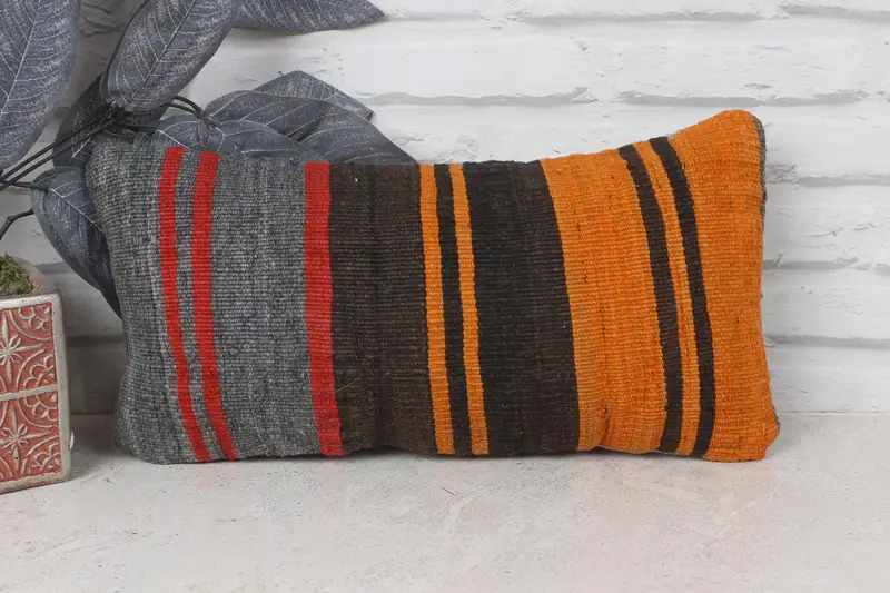 Turkish Pillow, Pillow Cover, Home Decor Pillow, Designer Throw Cushion Cover, 8x16 Orange Cushion Case, Ethnical Kilim Rug Pillow - 1