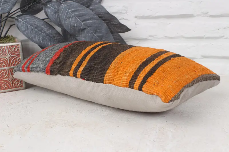 Turkish Pillow, Pillow Cover, Home Decor Pillow, Designer Throw Cushion Cover, 8x16 Orange Cushion Case, Ethnical Kilim Rug Pillow - 6
