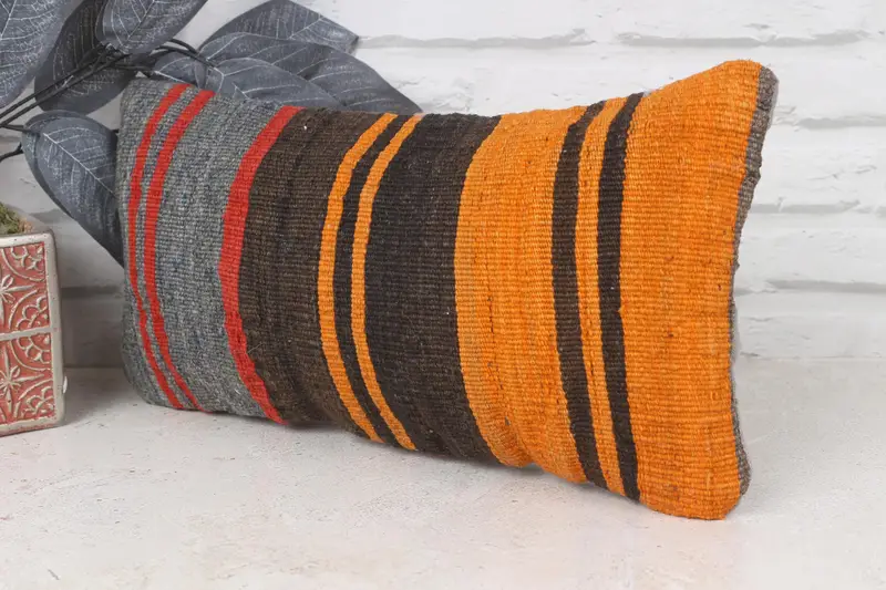 Turkish Pillow, Pillow Cover, Home Decor Pillow, Designer Throw Cushion Cover, 8x16 Orange Cushion Case, Ethnical Kilim Rug Pillow - 4
