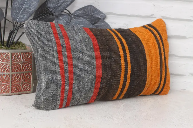 Turkish Pillow, Pillow Cover, Home Decor Pillow, Designer Throw Cushion Cover, 8x16 Orange Cushion Case, Ethnical Kilim Rug Pillow - 3