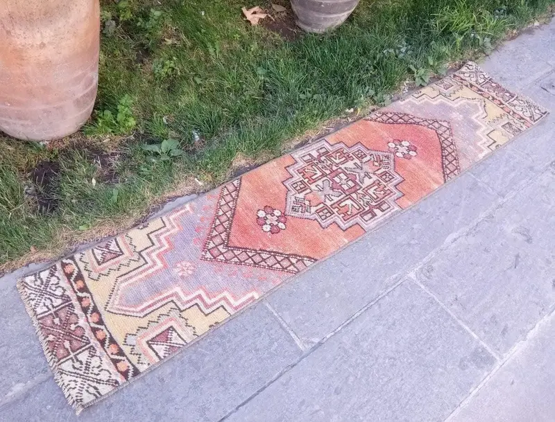 Vintage 1.2x6 ft Rug, Runner Turkish Rug, Red Gray Wool Rug - 1