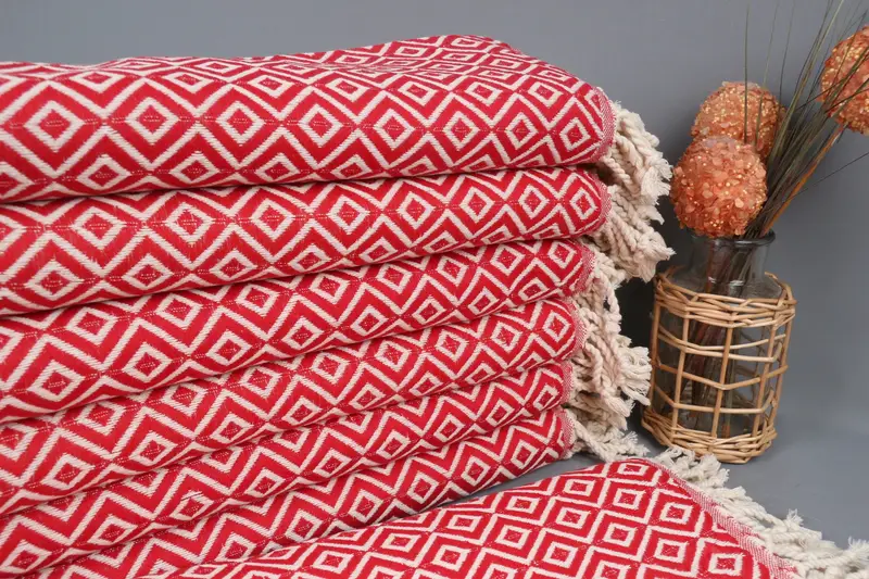 Custom Turkish Towel Red Diamond, Organic Cotton, 40x71 Inches