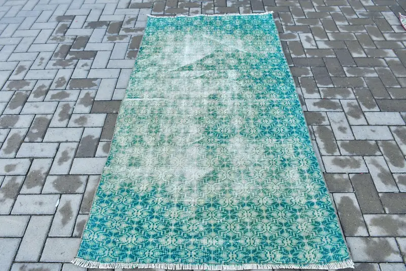 Oushak Halı, 3.37x6.1 ft Vintage Halı, Mavi Kareli Halı Yün - 1