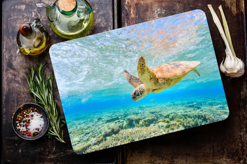 オーシャンブルーガラスまな板、亀模様、滑り止め足付き