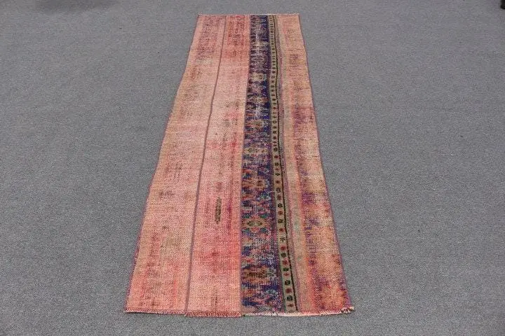 Vintage 2.5x8 ft Rug, Runner Turkish Rug, Red Blue Abstract Wool Rug - 1