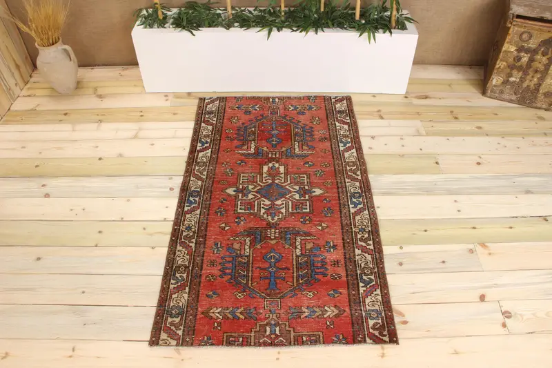 Handmade Red & Blue Check Rug, 0.3x5 ft