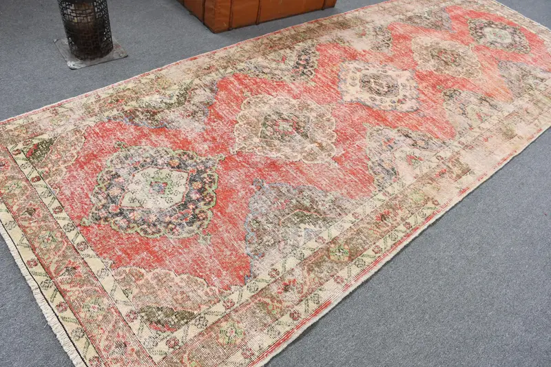 4.7x12.6 ft Halı, Vintage Oushak Halı, Türk Kırmızı Yün Çizgili Halı - 1