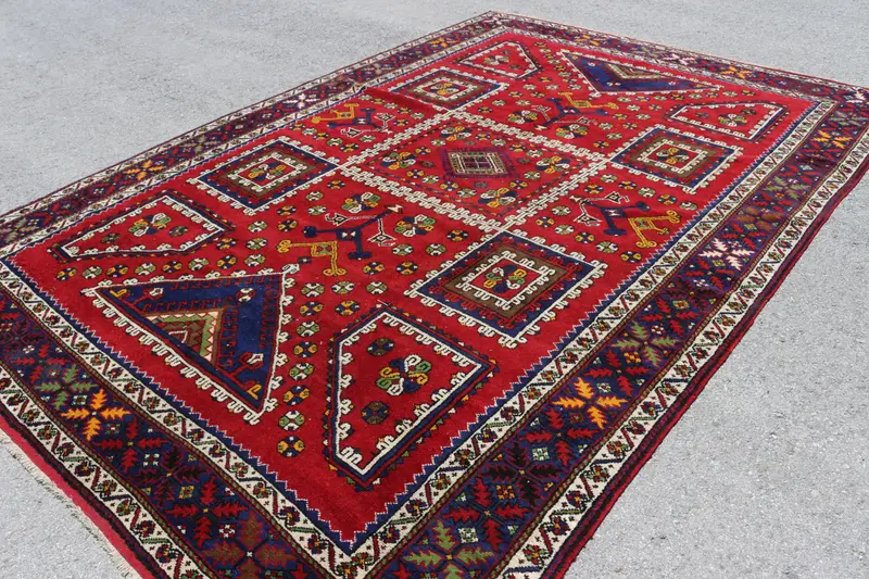 Türk Büyük Boy Halı 8.2x12.3 ft (251x374 cm), Oushak Kırmızı Çizgili Vintage Halı - 1
