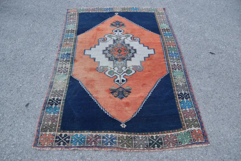3.9x38.5 ft Rug, Turkish Vintage Runner Rug, Blue Oushak Wool Rug - 1