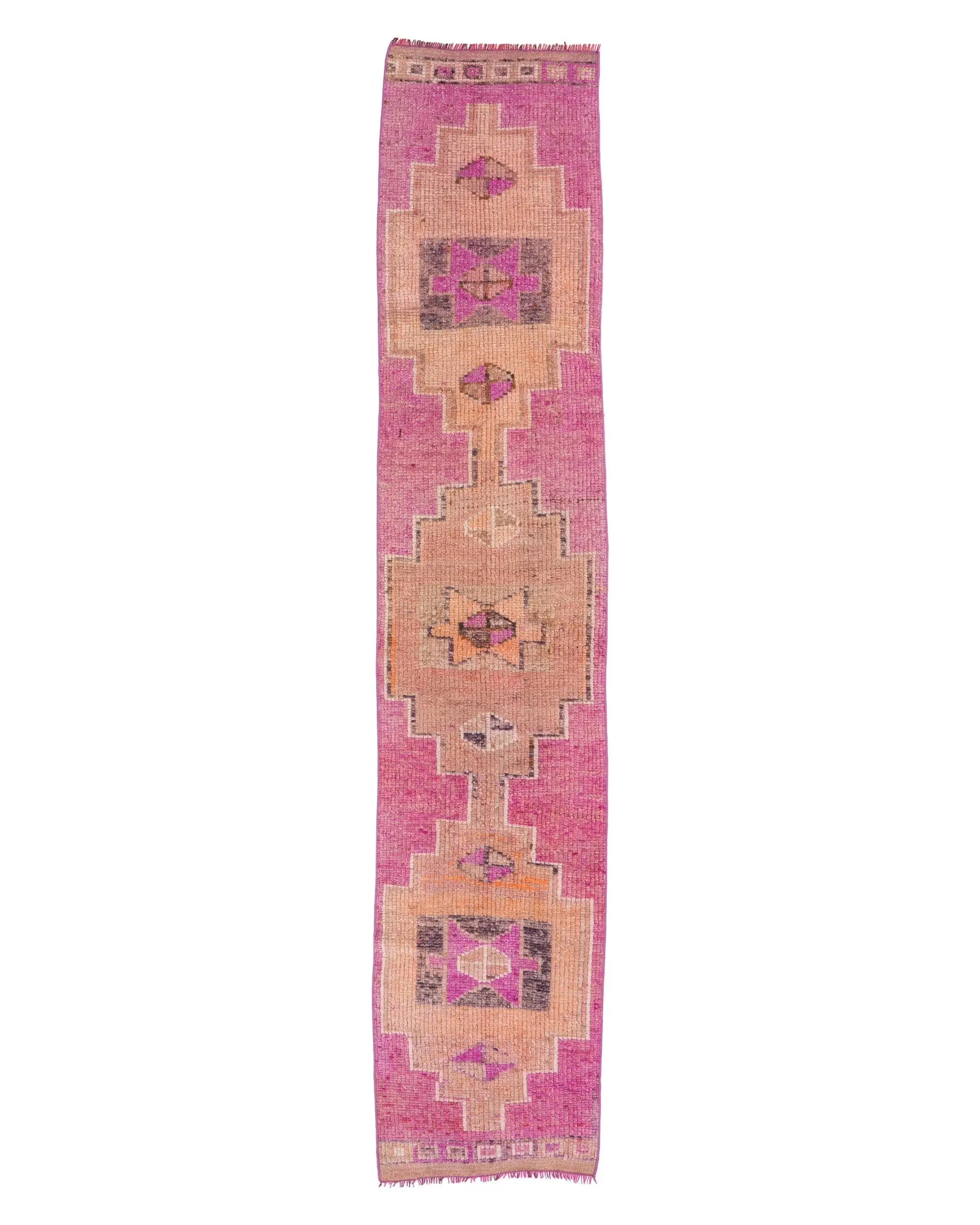Vintage Runner Rug, 1.9x9.6 ft Turkish Rug, Pink Bordered Wool Rug - 1
