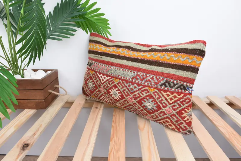 Pillow Cover, Ethnic Throw Pillow, Hippie Throw Pillow Sham, 12x20 Red Pillow Cover, Vintage Kilim Throw Pillow, Home Decor Pillow, Pillow for Sofa - 5