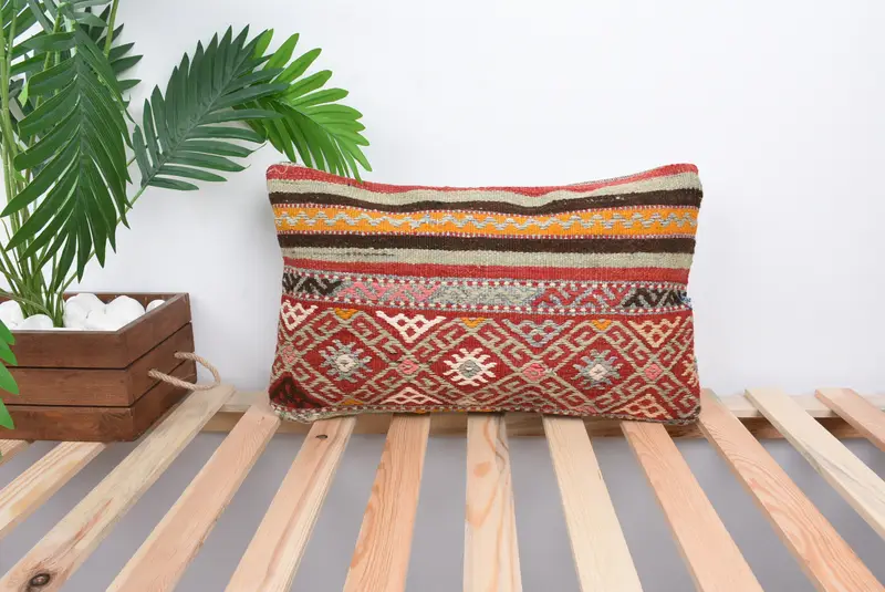 Pillow Cover, Ethnic Throw Pillow, Hippie Throw Pillow Sham, 12x20 Red Pillow Cover, Vintage Kilim Throw Pillow, Home Decor Pillow, Pillow for Sofa - 1