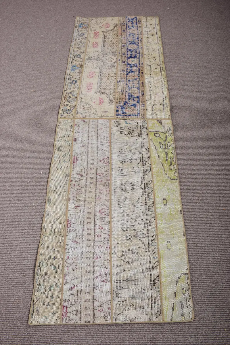 Vintage Türk Oushak Halısı 2,3x7,3 ft (69x223 cm), Mavi Bordürlü Yün Halı - 1
