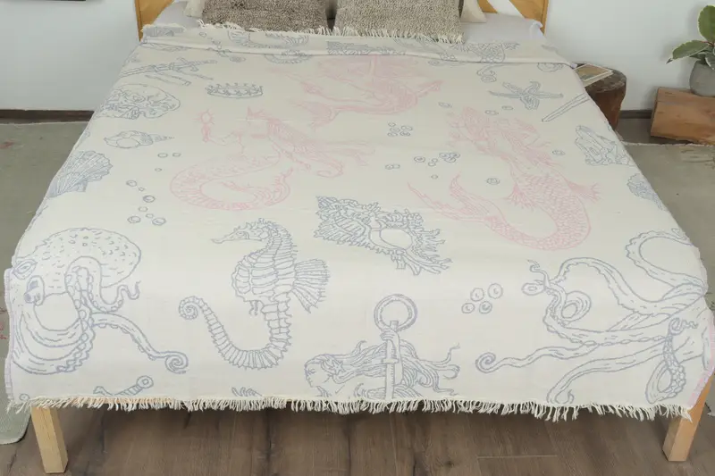 Bachelorette Party Favors, 88x60 Cotton Sea Creatures and Mermaid Design Towel, Throw Blanket Couch, Housewarming Gift, Valentines Day Gift Idea - 8