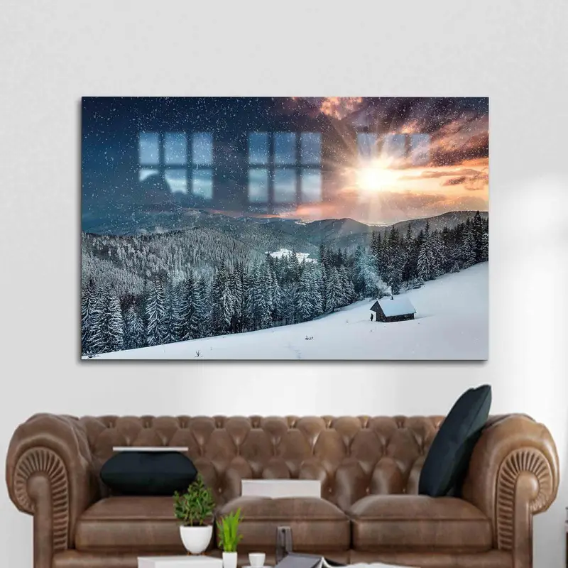 エレガントなプリントガラス：冬の夕日の森の景観デザイン