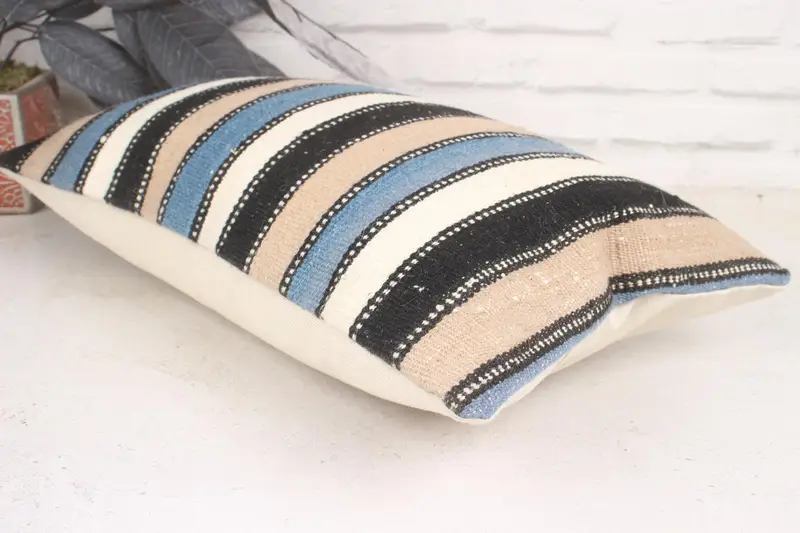 Pillow, Bench Pillow Sham, Decorative Bolster Cushion Cover, Kilim Pillow Cover, Vintage Kilim Pillow, Kilim Pillow, 12x20 Blue Pillow Cover - 6