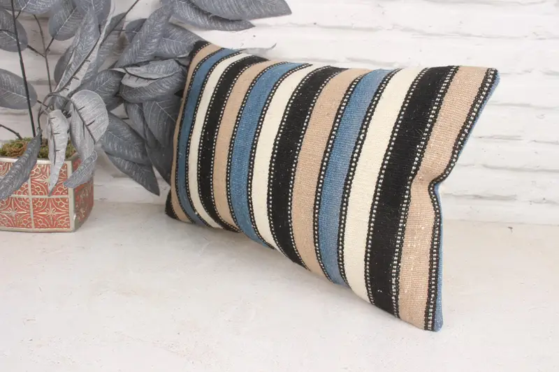 Pillow, Bench Pillow Sham, Decorative Bolster Cushion Cover, Kilim Pillow Cover, Vintage Kilim Pillow, Kilim Pillow, 12x20 Blue Pillow Cover - 4