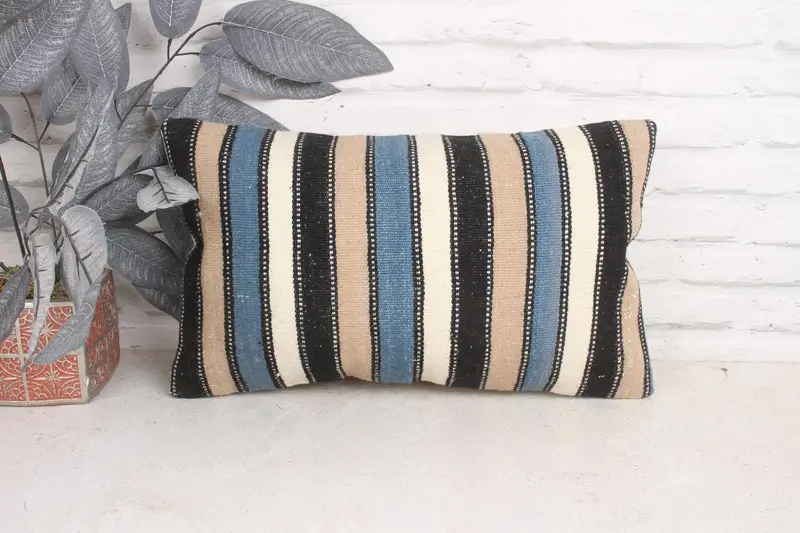 Pillow, Bench Pillow Sham, Decorative Bolster Cushion Cover, Kilim Pillow Cover, Vintage Kilim Pillow, Kilim Pillow, 12x20 Blue Pillow Cover - 1