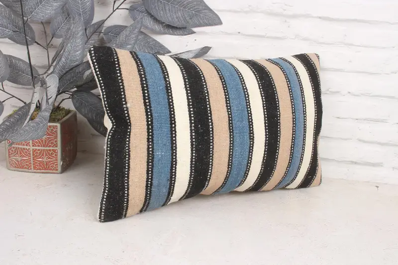Pillow, Bench Pillow Sham, Decorative Bolster Cushion Cover, Kilim Pillow Cover, Vintage Kilim Pillow, Kilim Pillow, 12x20 Blue Pillow Cover - 3