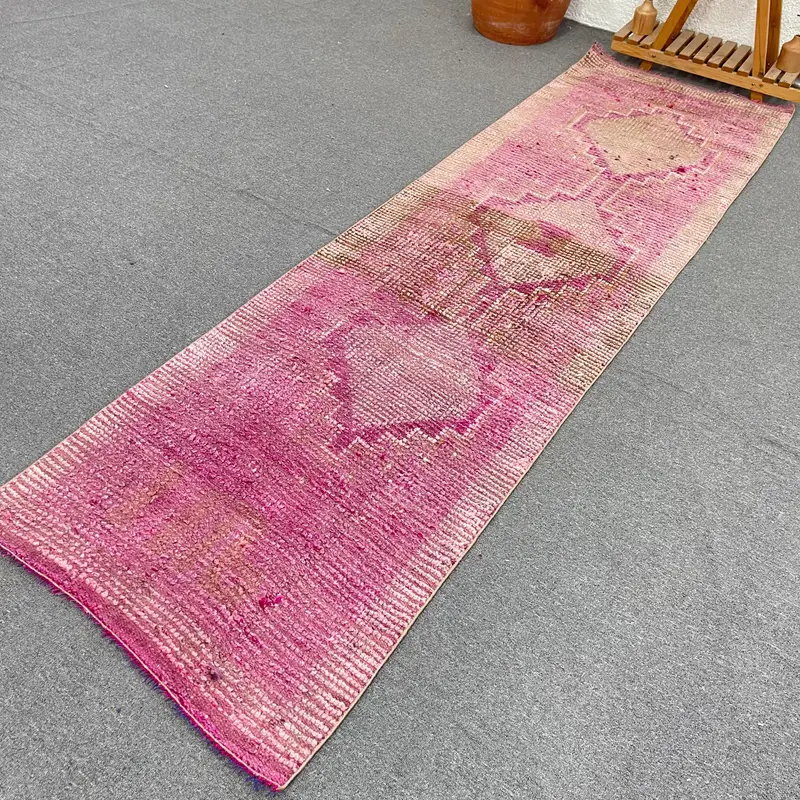 Türk Halısı, 2.7x9.6 ft Runner Halısı, Pembe Fas Yünü Vintage Halı - 1