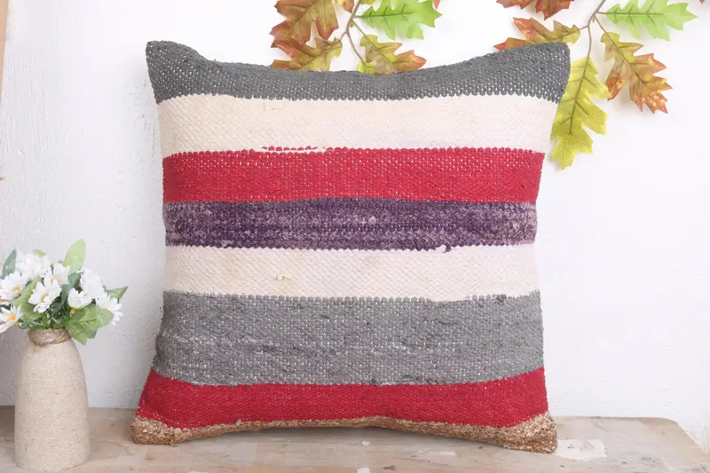 Turkish Kilim Pillow, Gift Pillow, Turkish Bench Pillow Sham, Pillow Case, Boho Pillow Sham Cover, Chair Cushion Cover, 18x18 Red Cushion Cover - 2