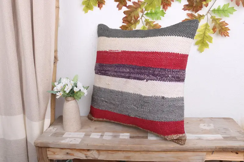 Turkish Kilim Pillow, Gift Pillow, Turkish Bench Pillow Sham, Pillow Case, Boho Pillow Sham Cover, Chair Cushion Cover, 18x18 Red Cushion Cover - 4