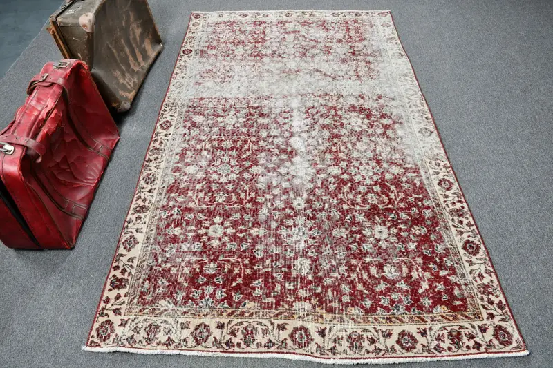 Vintage Oushak Halı 4,2x7,3 ft (129x223 cm), Kırmızı Oryantal Türk Halısı - 1