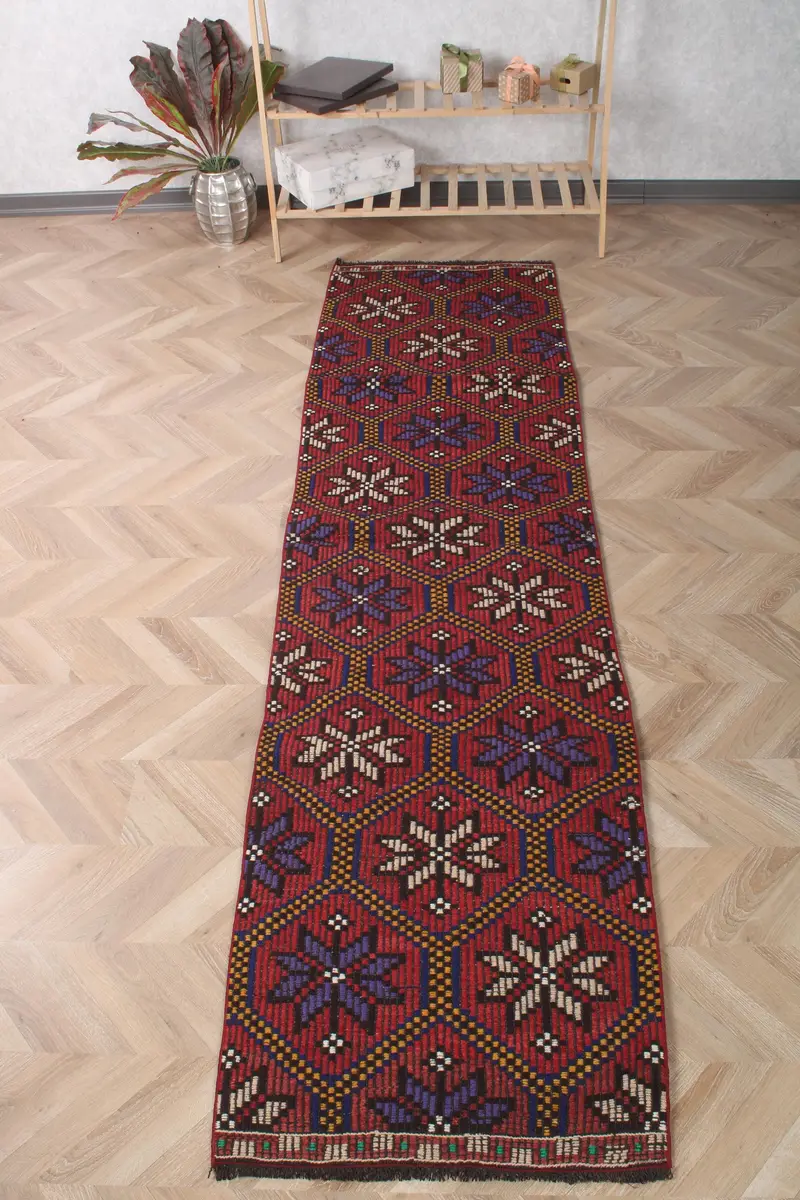 2.2x8.9 ft Turkish Kilim Rug, Red Vintage Wool Rug - 1