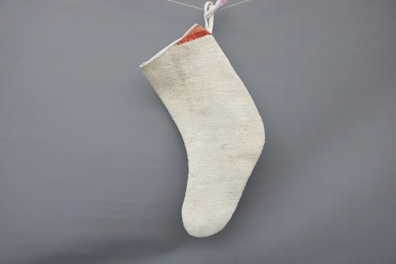 Elegant Beige Christmas Stocking with White Ornaments, Festive Holiday Decor