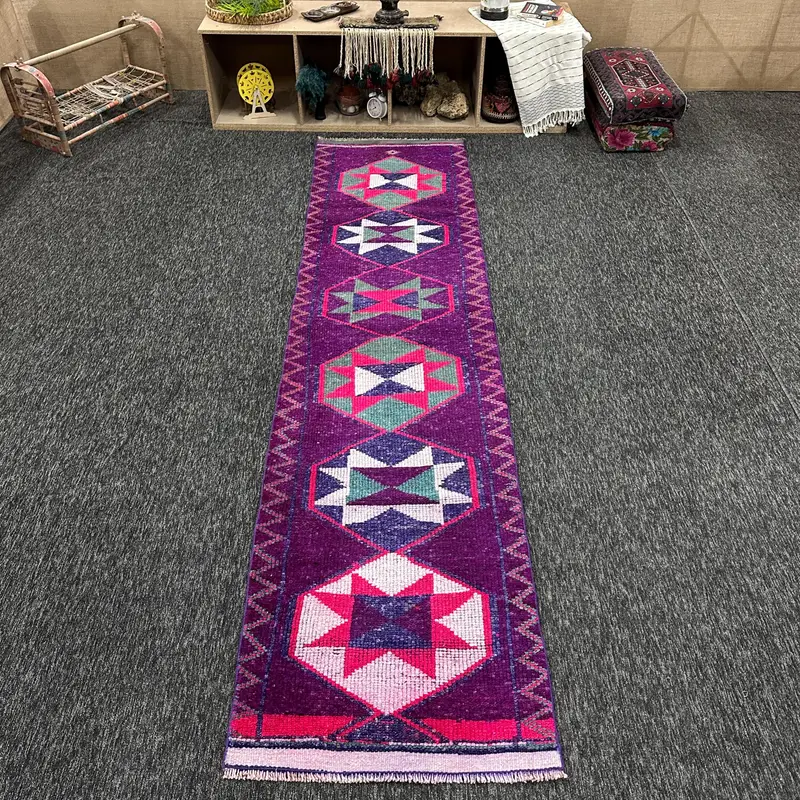 Herki Rug, 2.6x11 ft Vintage Rug, Purple Paisley Rug Wool - 1
