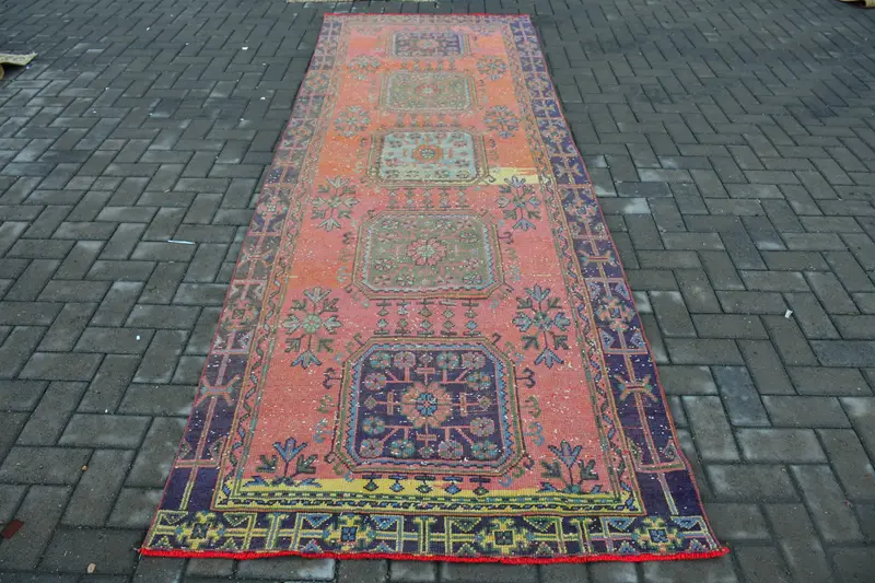 Türk Halısı, Yolluk 3.9x11 ft Halı, Oushak Kırmızı Bitkiler ve ağaçlar Halı - 1