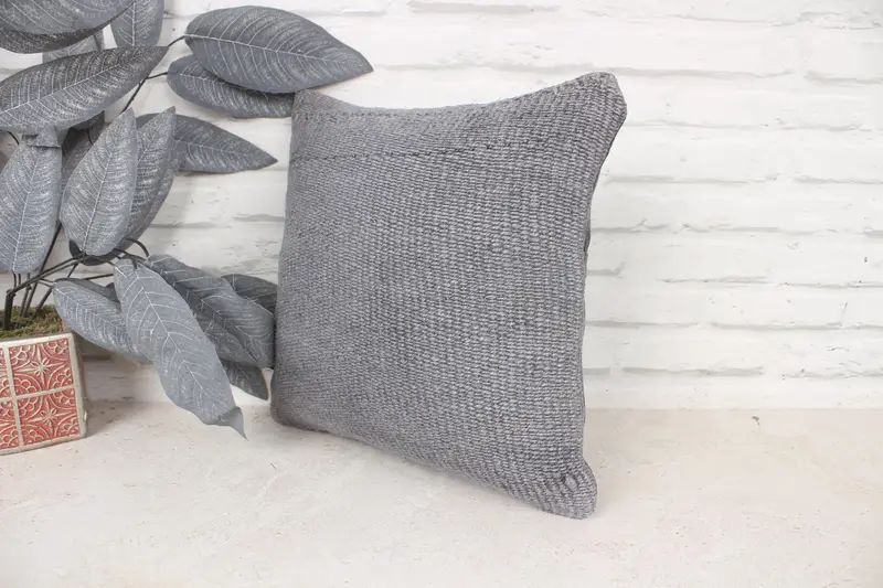 Boho Pillow Sham Cover, Cushion, Cotton Cushion Case, Handmade Kilim Cushion, Authentic Pillow, 14x14 Gray Pillow Case, Boho Pillow - 4
