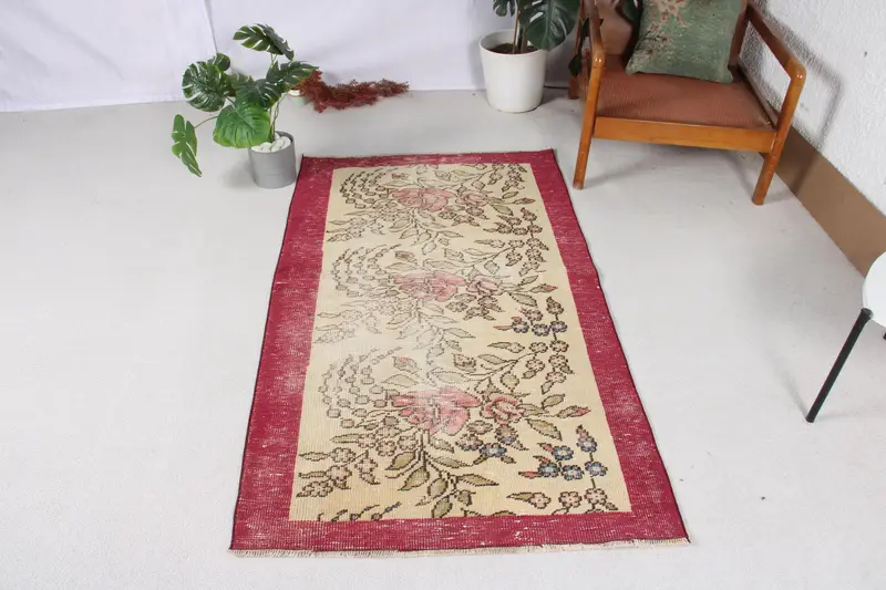 3.1x5.3 ft Oushak Vintage Halı, Kırmızı Fas Türk Halısı Yün - 1