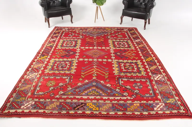 Vintage 7x9.6 ft Large Rug, Turkish Rug, Oushak Red Camouflage Rug - 1