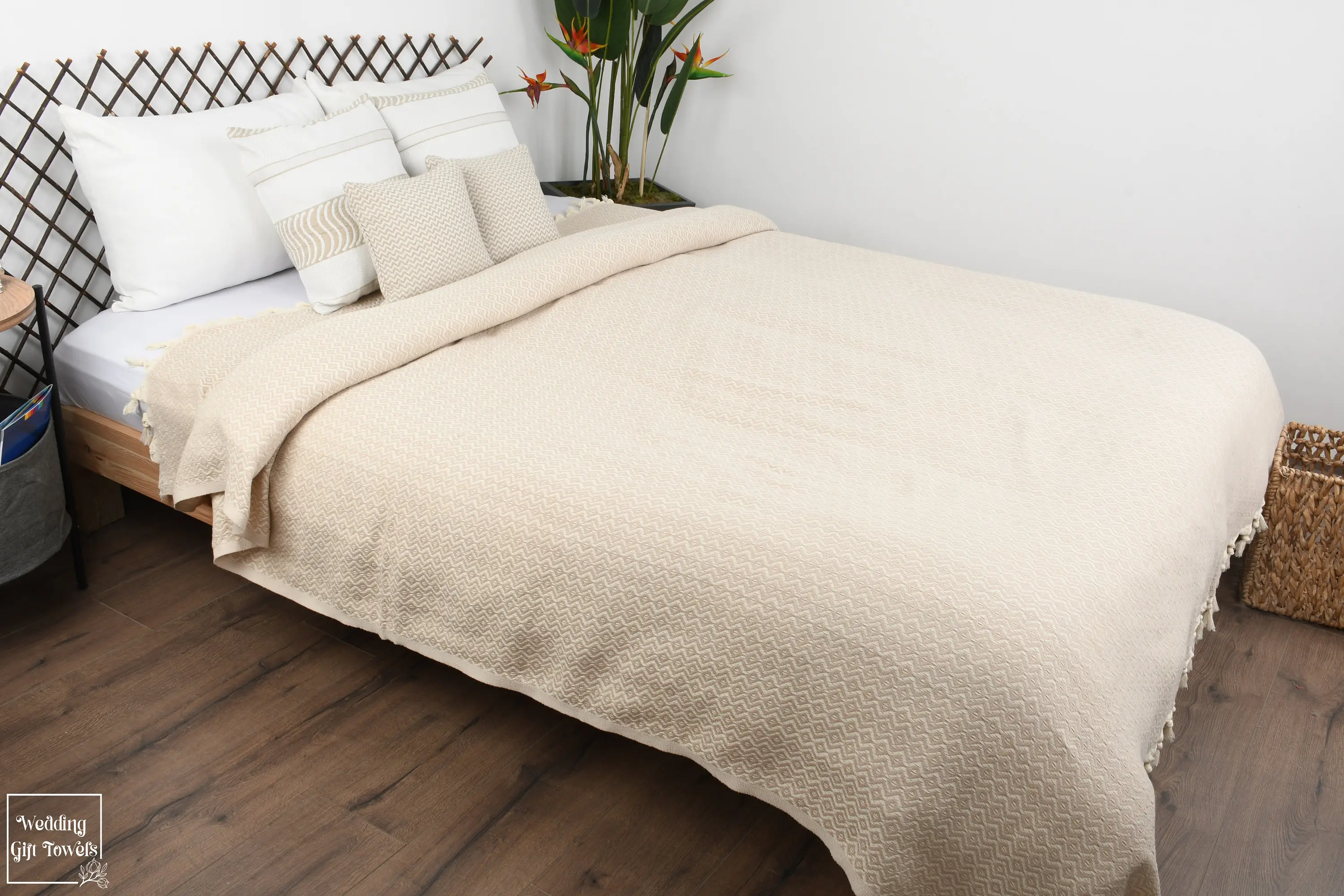 Custom Diamond Boho Throw Blanket Recycled Organic Cotton Beige Solid, 79x95 - 1