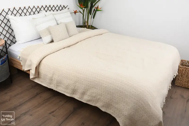 Custom Diamond Boho Throw Blanket Recycled Organic Cotton Beige Solid, 79x95