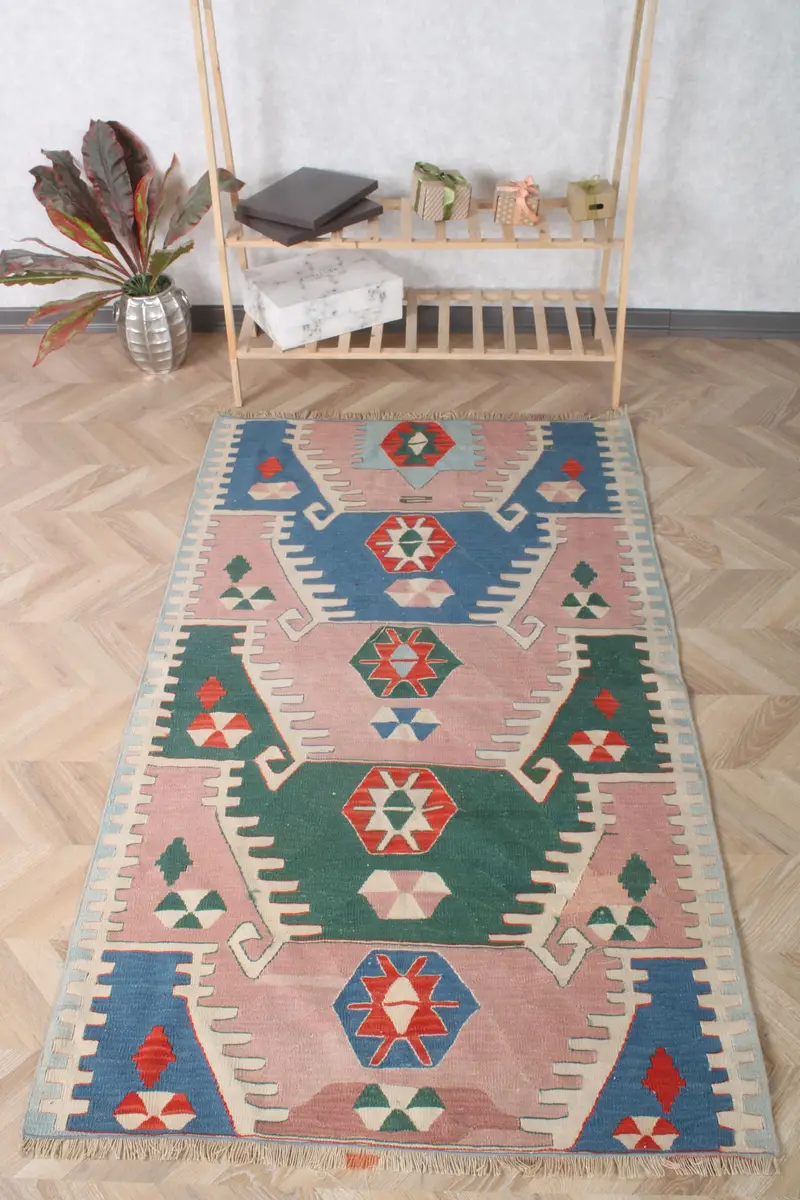 3.6x6.2 ft Halı, Accent Vintage Halı, Mavi Kilim Katı Halı - 1