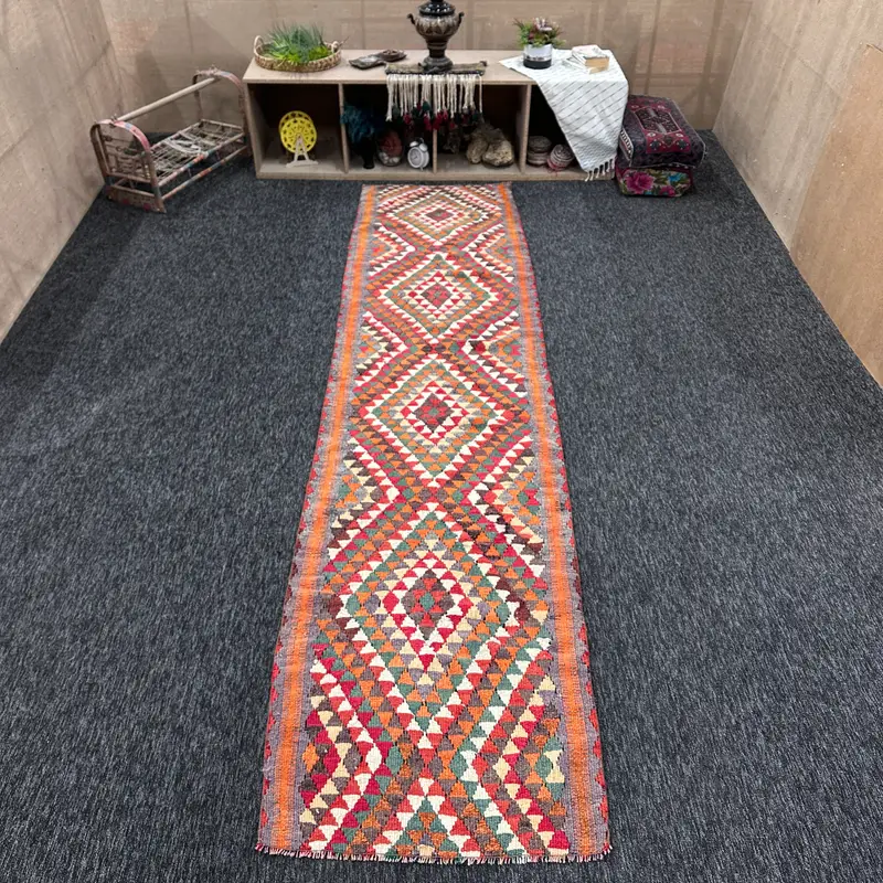 Vintage Small Rug 2.7x11.6 ft (83x355 cm), Herki Rainbow Geometric Turkish Rug - 1