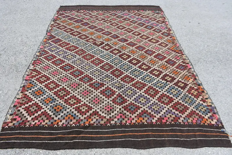 Vintage 5.9x9.2 ft Halı, Büyük Türk Halısı, Kırmızı Soyut Yün Halı - 1