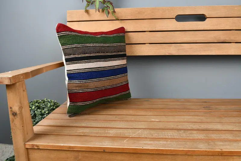 Couch Pillow Case, Handwoven Cushion, Cushion Cover, Toss Pillow, Kilim Pillow, Gift Pillow, 14x14 Green Cushion Cover, Boho Pillow Sham Cover - 1