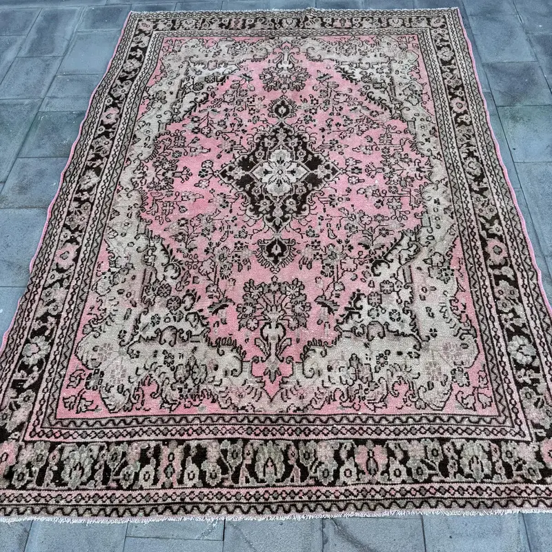 Vintage 7x9,4 ft Teppich, türkischer Oushak-Teppich, rosa floraler Wollteppich - 1