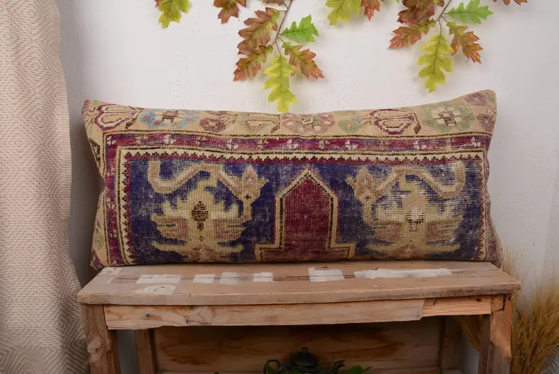 Red & Bronze Embroidered Throw Pillow, 16x36 Handmade Linen Cushion