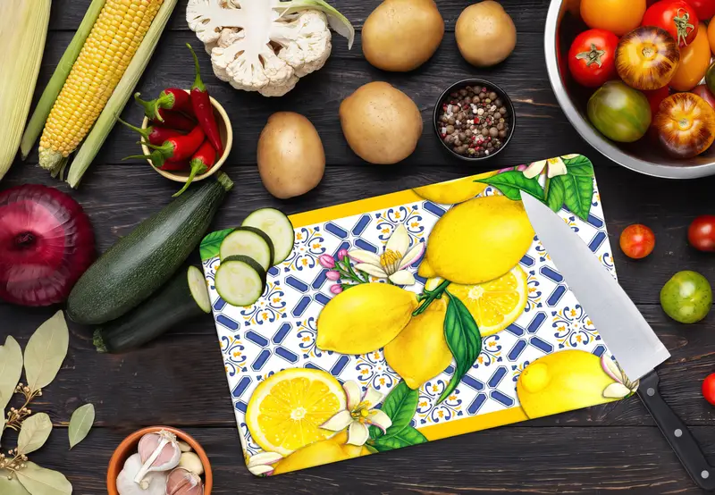 Trendy Lemon Pattern Glass Cutting Board, Modern Kitchen Essential