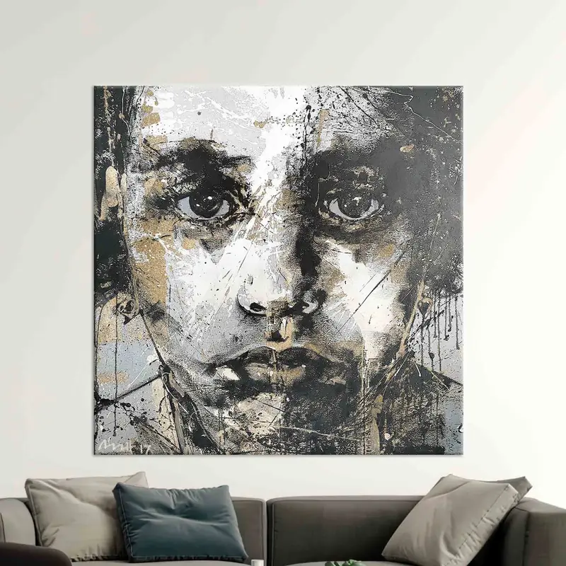 Bedruckte Leinwand mit abstraktem Porträt „Goldenes Gesicht“ – elegante Wandkunst