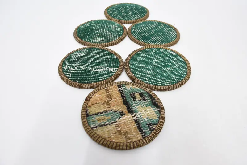 Bohemian Round Coaster, Green and Beige Table Coaster, 5x5 inches