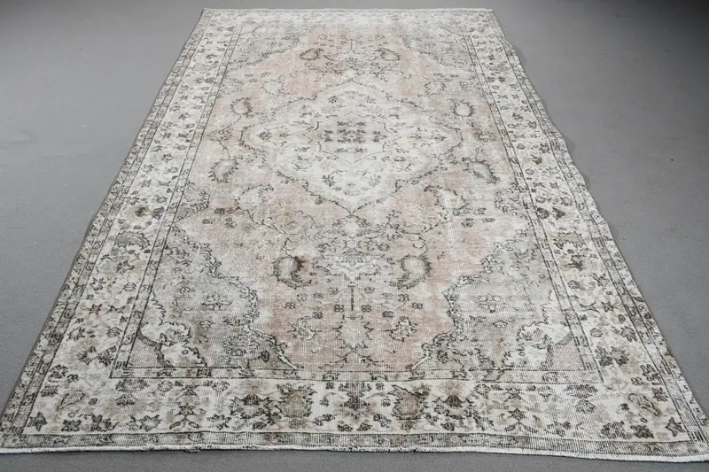 5.9x9.1 ft Halı, Eski Türk Büyük Halısı, Gri Oushak Yün Halı - 1