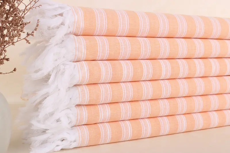 Türkisches Handtuch für den Strand, hellorange gestreift, Beige, Bio-Baumwolle, 40 x 71 Zoll