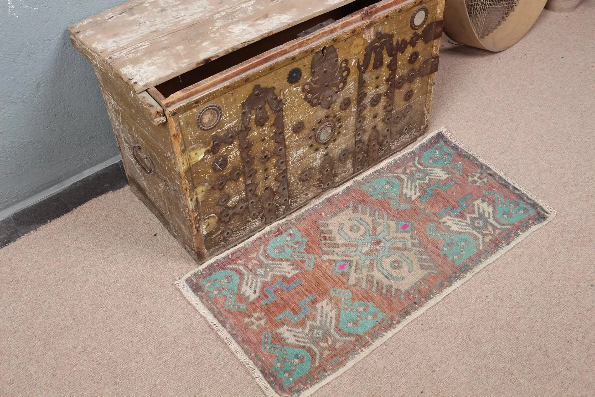 Turkish 1.5x2.9 ft Rug, Small Vintage Rug, Blue Patchwork Wool Rug - 1