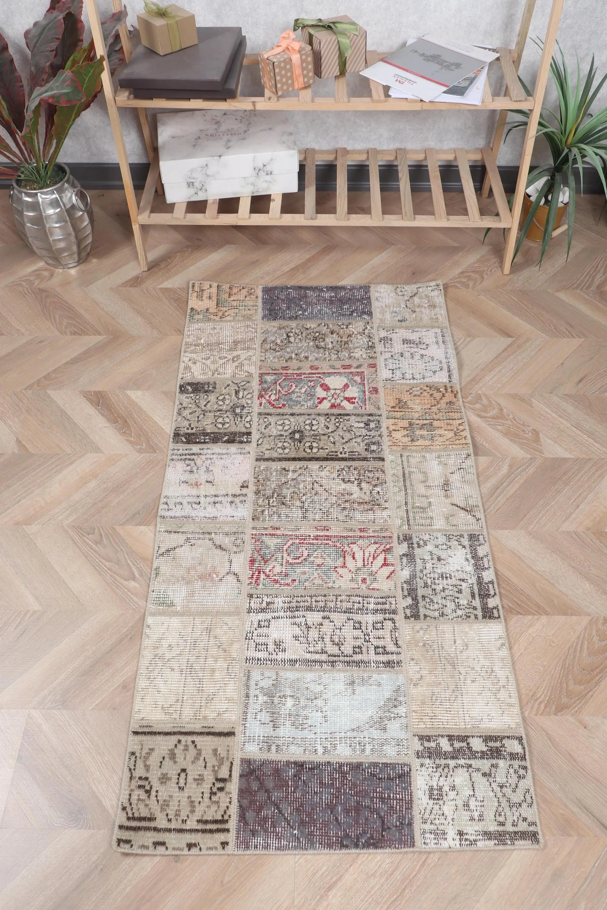 2.2x4.5 ft Vintage Turkish Rug, Small Rug, Brown White Solid Wool Rug - 1