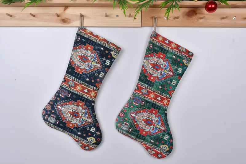 Festive Green and Pink Christmas Stocking, Ornament-Patterned Holiday Decor